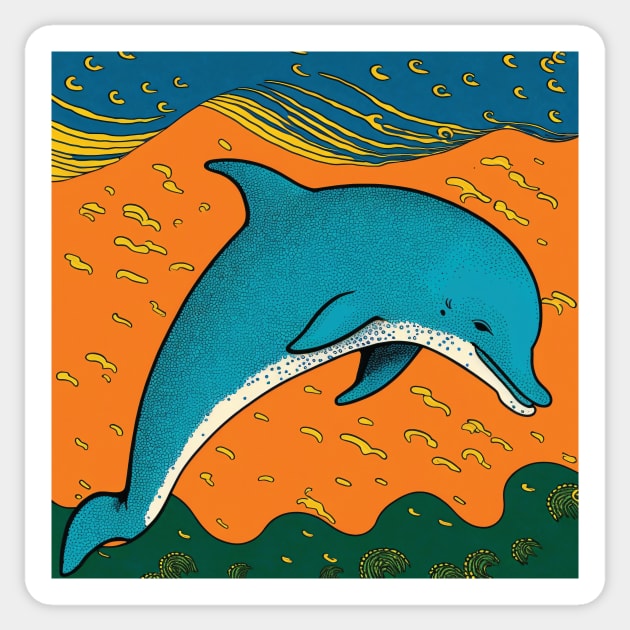Dolphin in orange, green and teal sea Sticker by Geminiartstudio